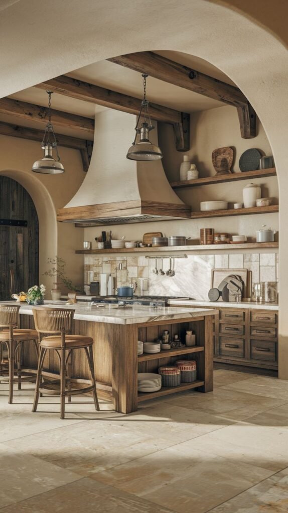 Luxury boho kitchen with arched doorways, exposed beams, a large range hood, a marble-top island with open shelving, and bar stools. The marble-top island with open shelving and wooden bar stools creates a luxury boho seating area.