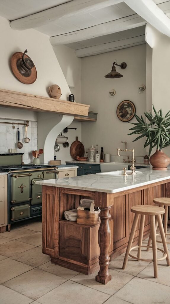 Luxury boho kitchen with white walls, exposed beams, and a range cooker. A marble-top island with open shelving and wooden stools provides a seating area in this luxury boho space.