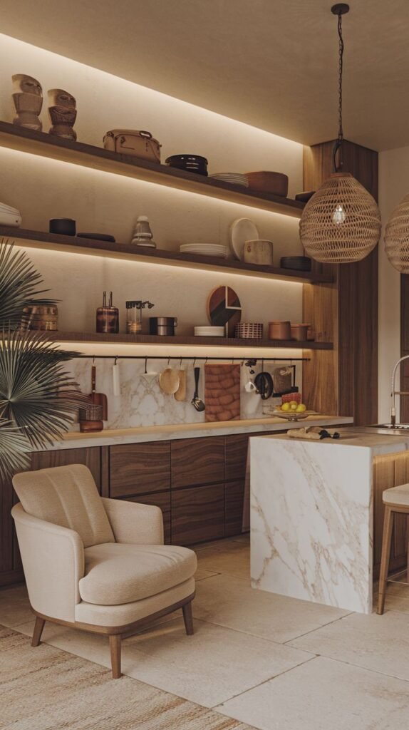 Luxury boho kitchen area featuring illuminated open shelving, modern wood cabinets, and a striking marble island. A comfortable armchair adds a touch of boho luxury for relaxation.