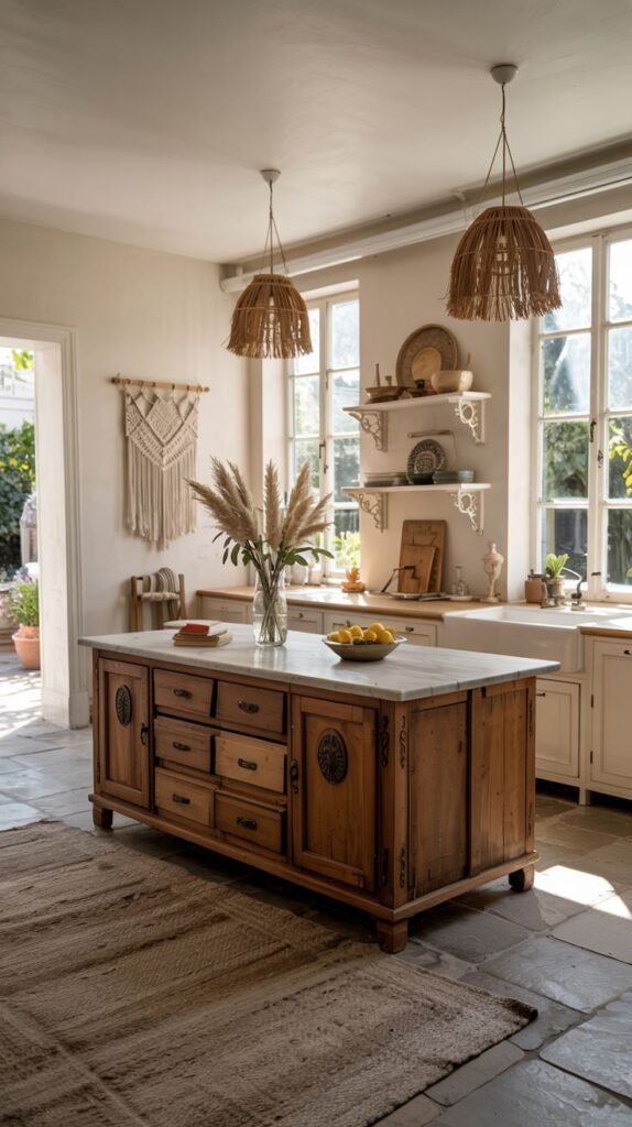 Luxury boho kitchen with white walls, large windows, and a large wooden island with multiple drawers. Open shelving and boho macrame wall hangings complete the luxury boho look.
