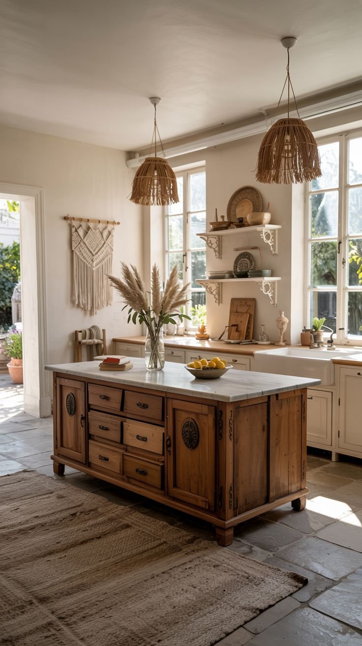 Luxury boho kitchen with white walls, large windows, and a large wooden island with multiple drawers. Open shelving and boho macrame wall hangings complete the luxury boho look.