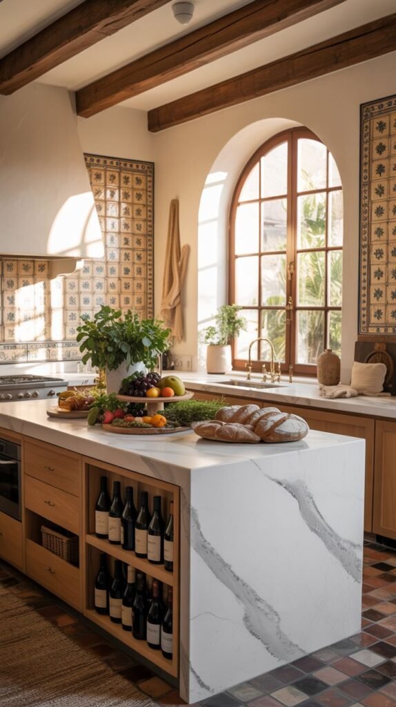 Luxury boho kitchen with an arched window, wood beams, and a decorative tiled backsplash. A marble-top island includes a built-in wine rack, blending luxury with boho tilework.