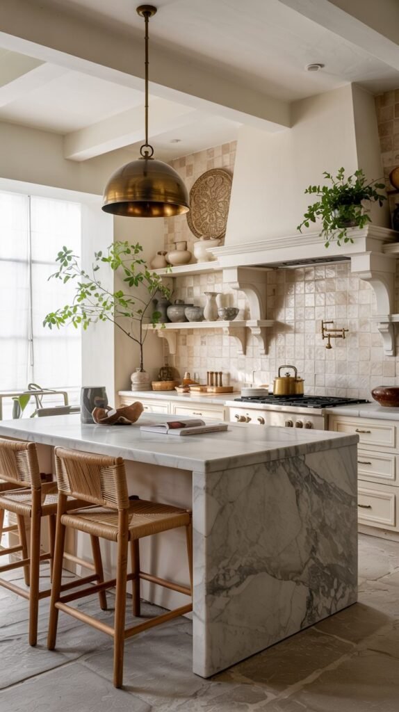 Luxury boho kitchen with white walls, exposed beams, a tiled backsplash, and a large marble-top island. Wooden bar stools with woven seats add a boho luxury touch.