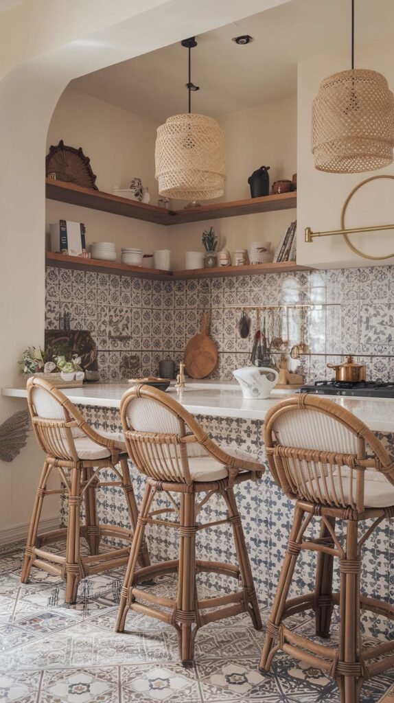 Luxury boho kitchen corner featuring a patterned tiled backsplash and marble counter. Open shelving, woven pendant lights, and rattan bar stools highlight the boho style within this luxury space.