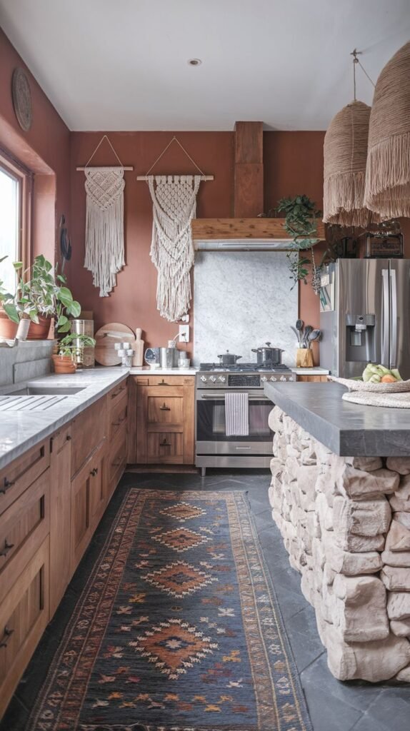 Luxury boho kitchen with rust-colored walls, wood cabinets, a boho stone island base, dark patterned rug, boho macrame wall hangings, and many plants.