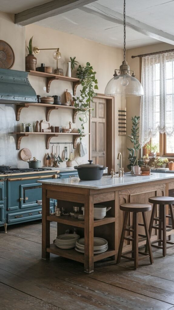 Luxury boho kitchen featuring a large range cooker, a wooden island with a marble countertop and open shelving, and stools. The decor suggests a relaxed, boho atmosphere.
