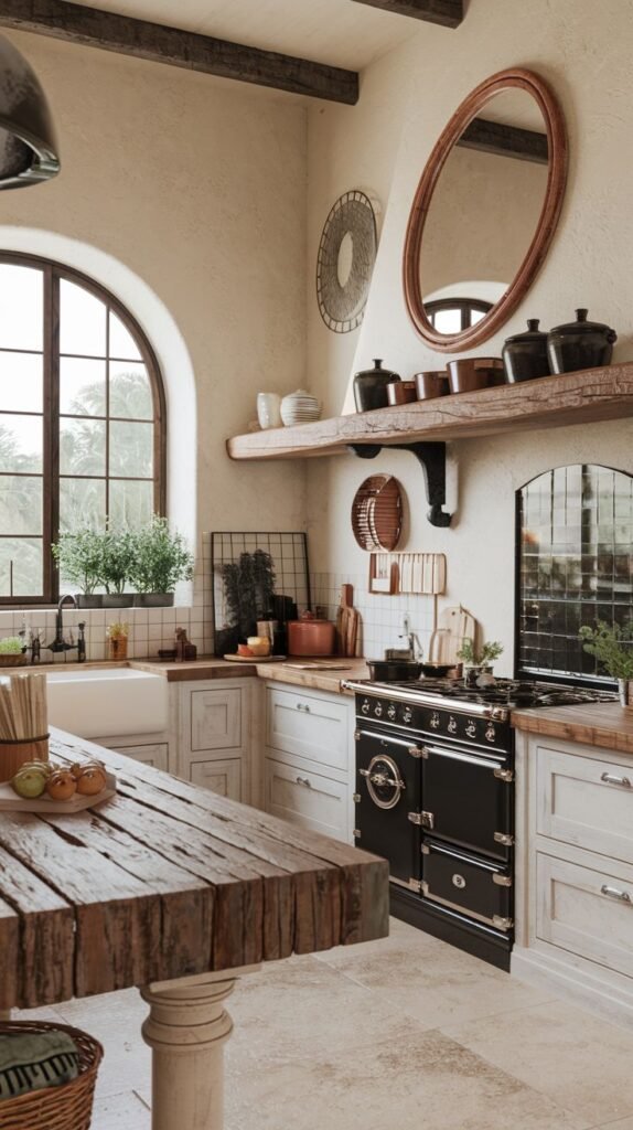 Luxury boho kitchen with an arched window, white subway tile, and light-colored cabinets paired with a black range cooker. A rustic wooden table and an oval mirror enhance the boho feel, while plants add a touch of luxury.