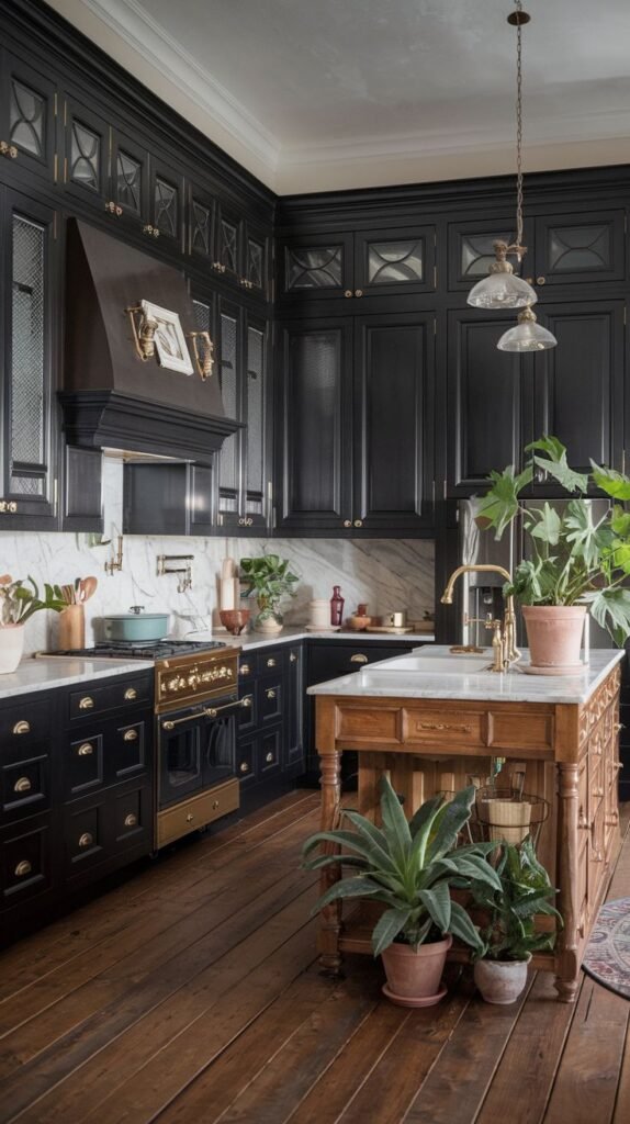 Luxury black kitchen featuring glass-front cabinets, marble countertops, and gold accents on the range and faucet. The wooden island is adorned with large plants, bringing a boho-luxury vibe to the space.