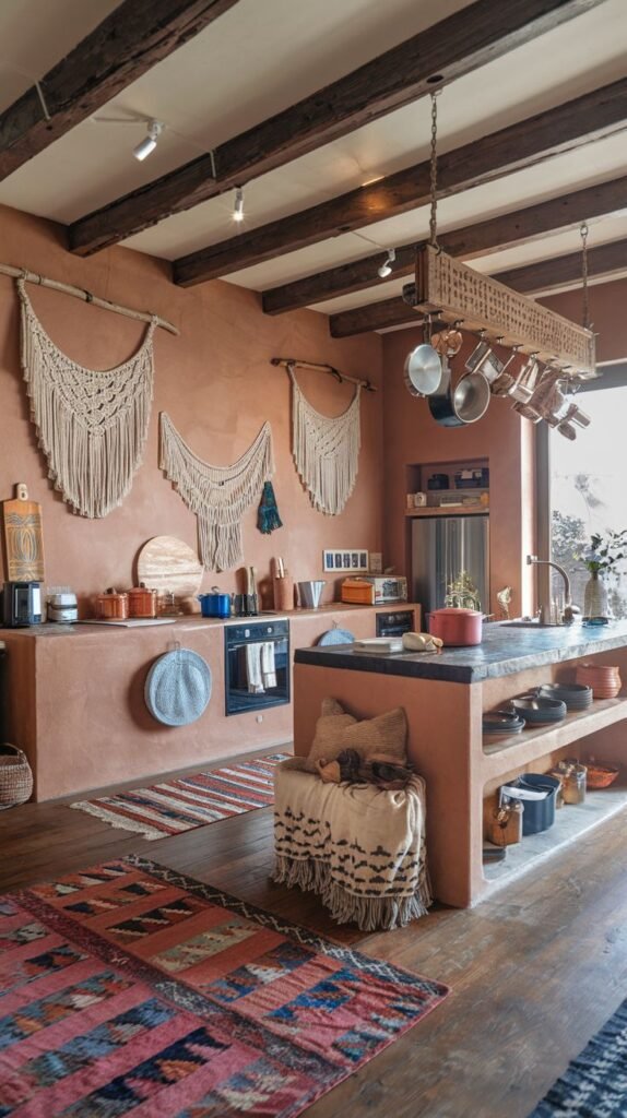 Luxury boho kitchen with rust-colored walls, exposed wood beams, and a stone island with open shelving. Boho elements like macrame wall hangings and colorful patterned rugs are prominent.