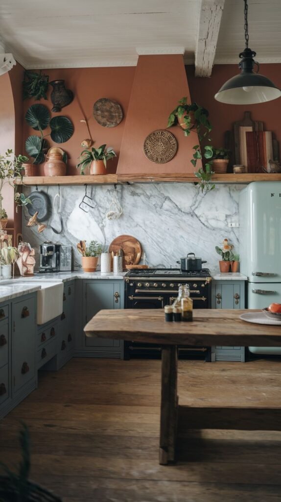 Luxury boho kitchen featuring a rust-colored accent wall above a marble backsplash, blue cabinets, and a wooden table. Boho plants and decor add warmth and style.