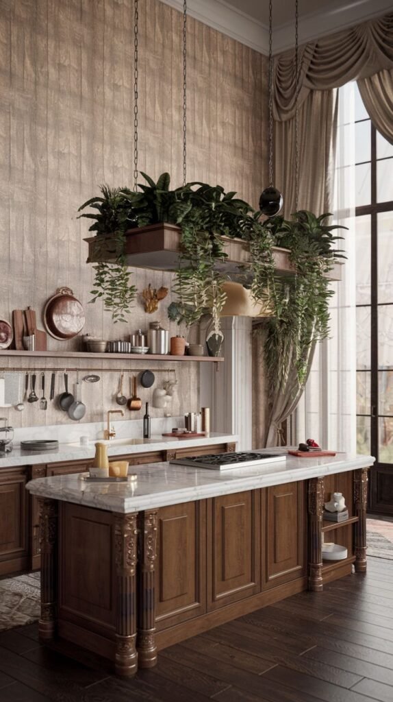 Luxury kitchen with a tall window and elegant curtains, a large dark wooden island with a marble top, and a striking hanging plant fixture, combining luxury with boho green elements.
