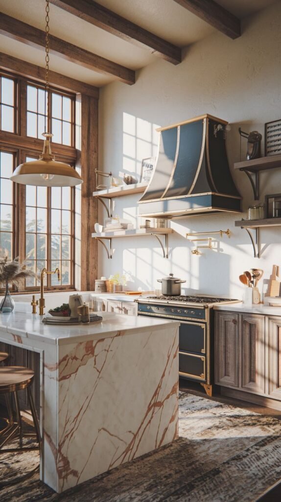 Luxury boho kitchen with wood ceiling beams, a large window, a marble island, and wooden cabinets. The decorative range hood and natural light contribute to a luxury boho aesthetic.