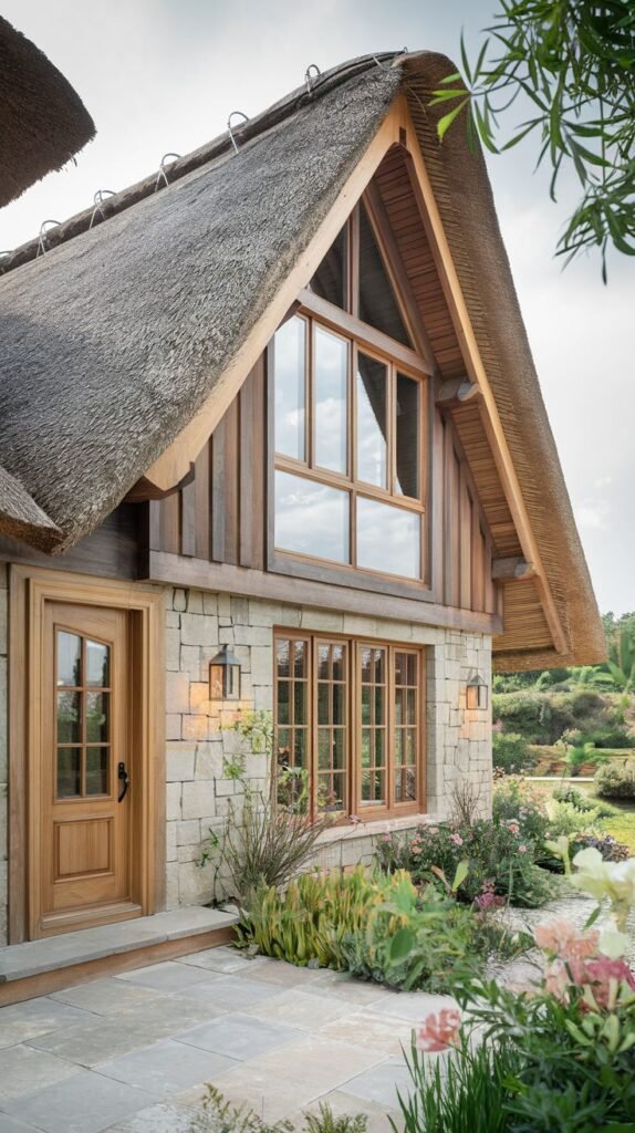 A stone and wood cottage with a thatched roof, featuring light-colored stones on the lower level and wood siding above, with large windows and a wooden front door, blending natural materials.