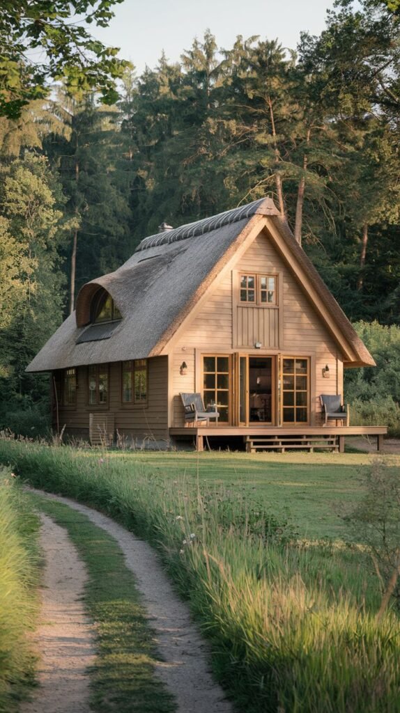 A wooden cottage with a curved thatched roof situated in a grassy field, featuring large glass doors opening onto a wooden deck with chairs, suggesting a peaceful rural escape.