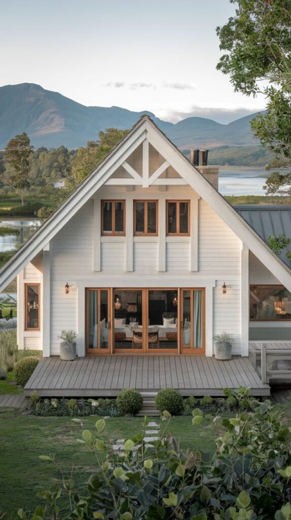 A white cottage with a prominent A-frame design and large windows, opening onto a deck, offering stunning views of a lake and mountains in the distance, epitomizing a scenic luxury retreat.