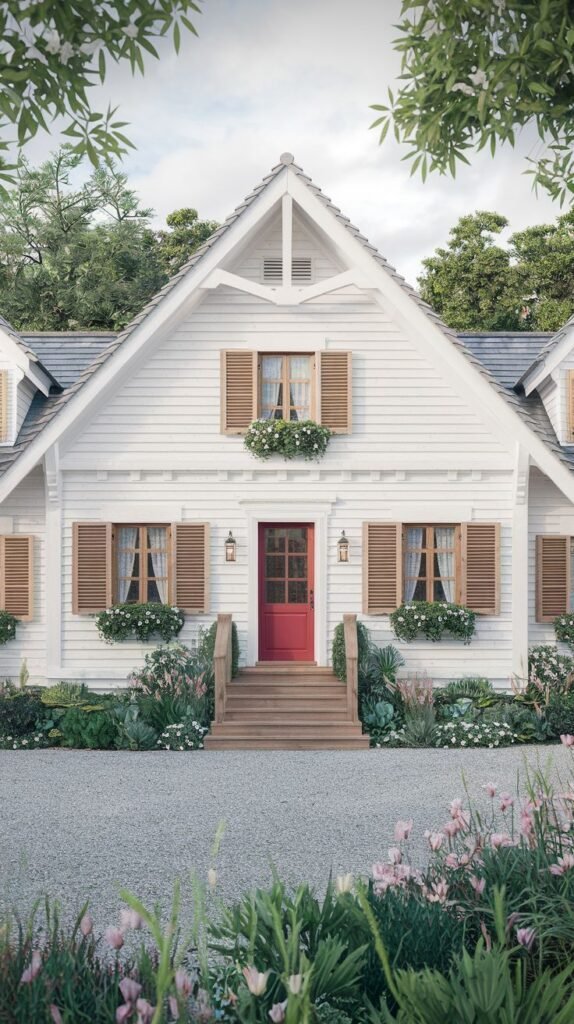 A symmetric white cottage with a bright red front door and dark brown shutters, featuring upper-level windows and flower planters beneath the ground-level windows, offering a classic curb appeal.