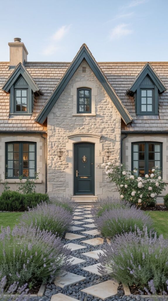 A beautiful stone cottage with dark trim and a dark front door, featuring dormer windows and a charming pathway of irregular stones bordered by vibrant purple lavender bushes, adding a touch of luxury landscaping.