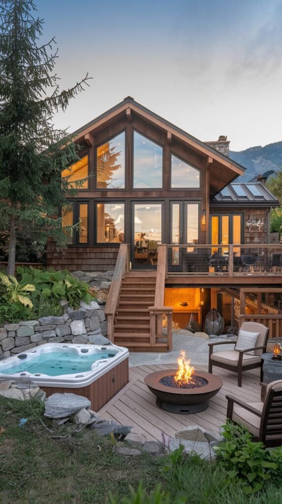 A multi-level wooden mountain retreat luxury cottage with large windows, a spacious deck, and outdoor luxury amenities including a hot tub and fire pit with seating, designed for relaxation and enjoyment of the natural setting.