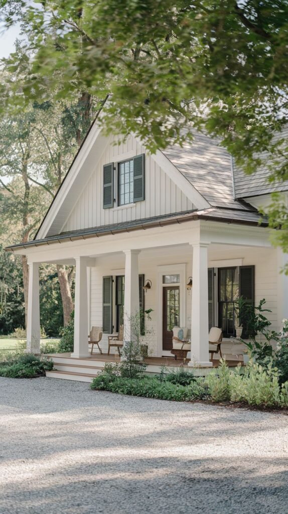 A white farmhouse-style cottage with board-and-batten siding and a covered porch wrapping around the front, supported by white columns and furnished with chairs, offering a classic and welcoming facade.