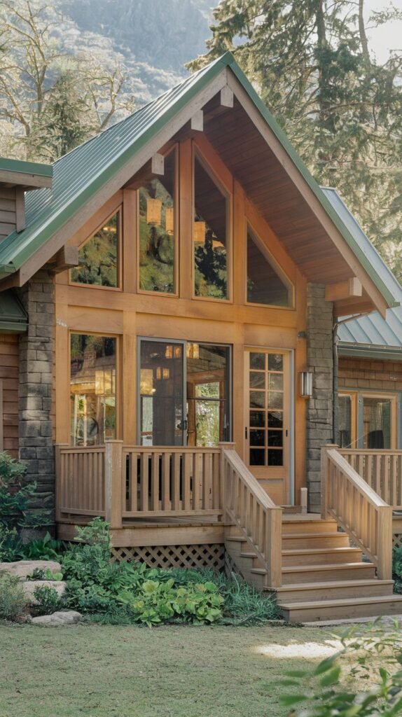 A stone and wood cottage with a distinctive green metal roof, featuring large windows and a wooden deck with railings and stairs, set in a natural, possibly mountainous environment, combining materials for a unique look.