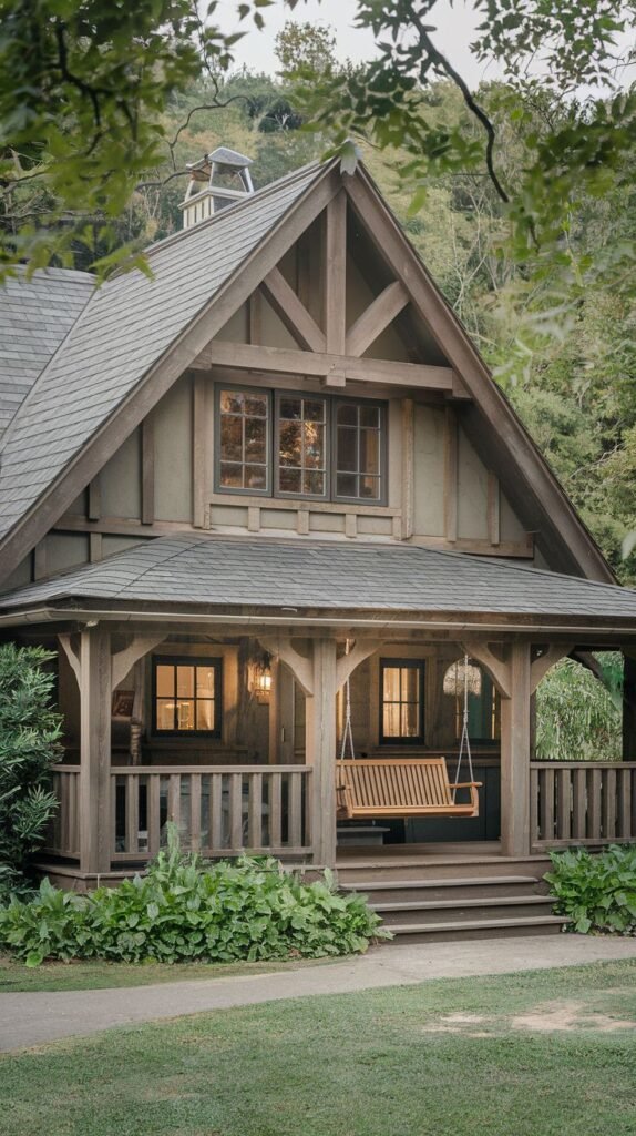 A craftsman-style cottage with visible timber framing details and a covered front porch featuring a porch swing, set amidst landscaping with low bushes, offering a cozy and classic design.