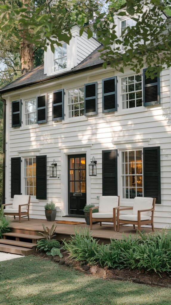 A two-story white cottage with dark black shutters on all windows and a wooden front deck furnished with white chairs, featuring black lanterns flanking the front door, presenting a traditional and elegant appearance.