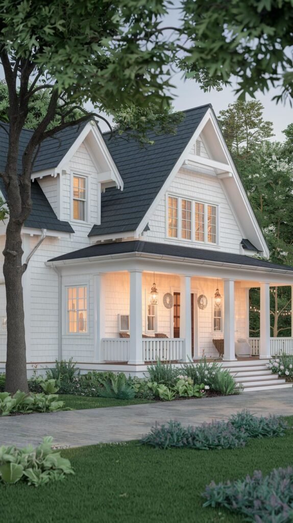 A spacious white luxury cottage with a dark roof and a large, inviting front porch supported by columns, illuminated by exterior lights, suggesting comfortable outdoor living.