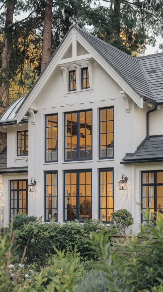A modern luxury house with a white exterior and dark-trimmed windows, highlighted by a large, multi-panel vertical window feature, showcasing a contemporary and stylish design.