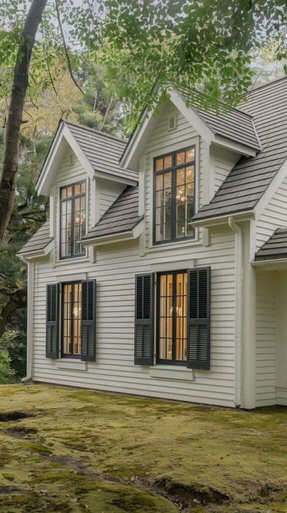 A white cottage with multiple gabled dormer windows and ground floor windows with black shutters, set in an area covered in green moss or low groundcover, offering a quaint and traditional look.