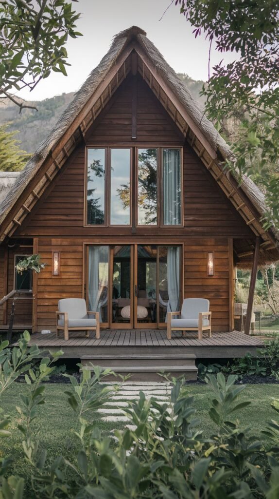 A rustic thatched roof cottage with wooden siding, featuring large windows and glass doors leading to a wooden deck with two chairs, and a pathway of stepping stones, providing a serene and inviting exterior.