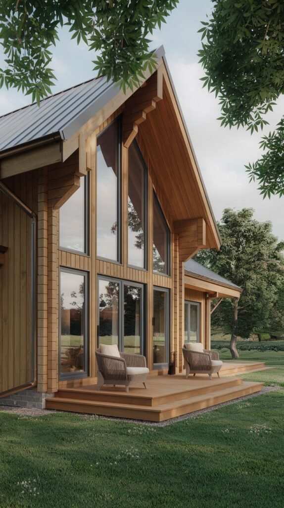 A modern wooden cabin with a steeply pitched roof and large, angled windows, featuring a wooden deck with chairs and set in a grassy field with trees, showcasing a contemporary luxury cabin design.