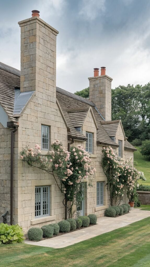 A stunning stone luxury cottage exterior with multiple large chimneys and gable windows, adorned with climbing pink roses, showcasing a picturesque and elegant facade.