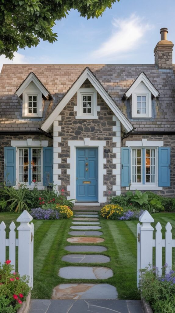 A picturesque stone cottage with a grey roof, vibrant blue shutters, and a bright blue front door, set amidst colorful flower beds and a white picket fence, presenting a classic, welcoming cottage entrance.