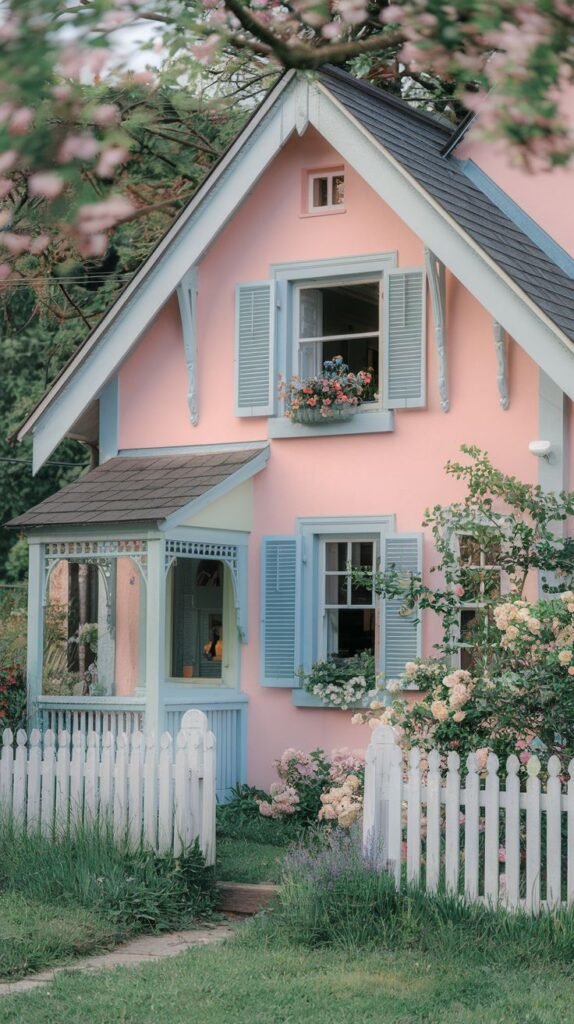 A unique pink fairy tale cottage with light blue trim and shutters, featuring a small enclosed porch and surrounded by lush greenery and roses, offering a whimsical and charming feel.