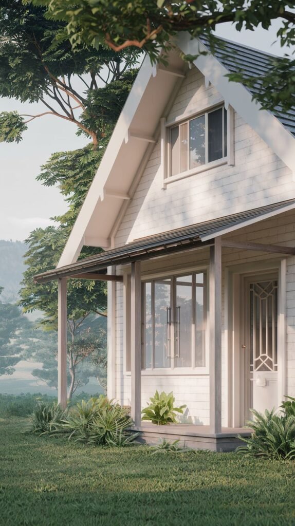 A simple white cottage with a dark roof and a covered porch supported by wooden posts, set in a natural landscape with trees and greenery, providing a serene retreat.
