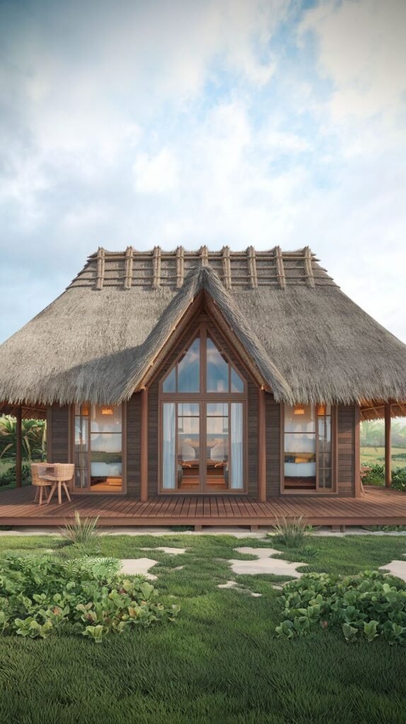 A rustic thatch-roofed cottage with wooden plank walls and a wide wooden deck furnished with seating, featuring large windows and glass doors connecting to the outdoors.