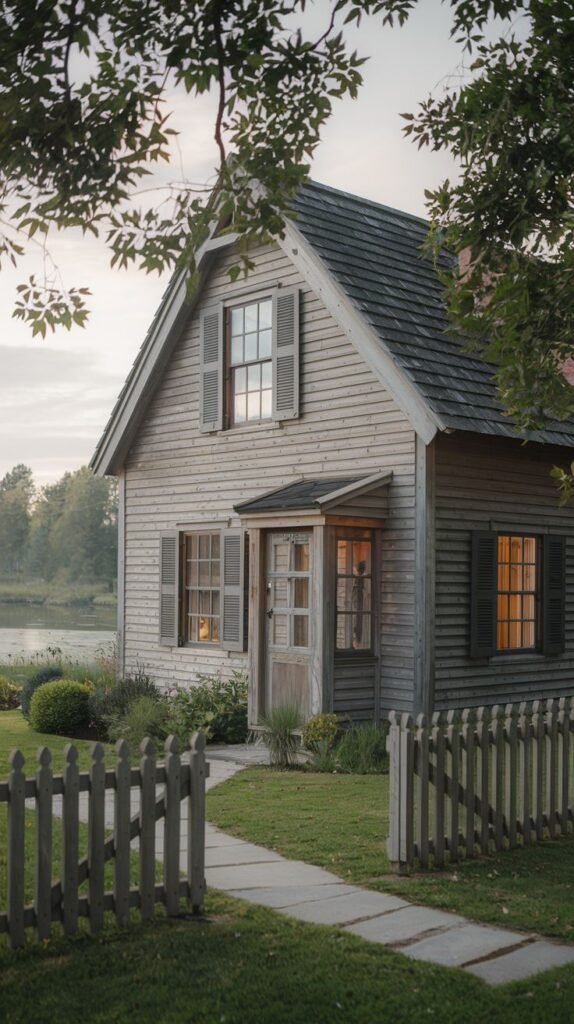 A traditional wooden cottage with weathered siding, a grey roof, and dark shutters, located near water with a grey picket fence enclosing the yard and a stone path leading to the entrance.