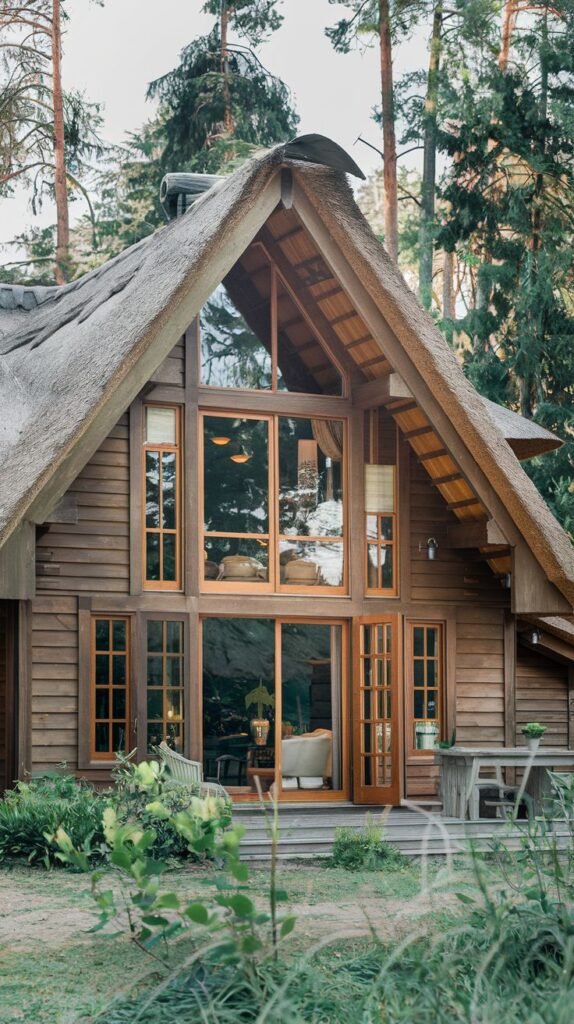 A modern luxury cabin combining a traditional thatched roof with extensive glass windows and doors across the front, constructed of wood and set in a wooded environment, offering a contemporary rustic appeal.