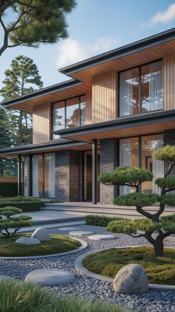 The exterior of a modern house featuring wood and stone accents, set within a tranquil garden with shaped trees and gravel paths, showcasing luxury and japandi design.
