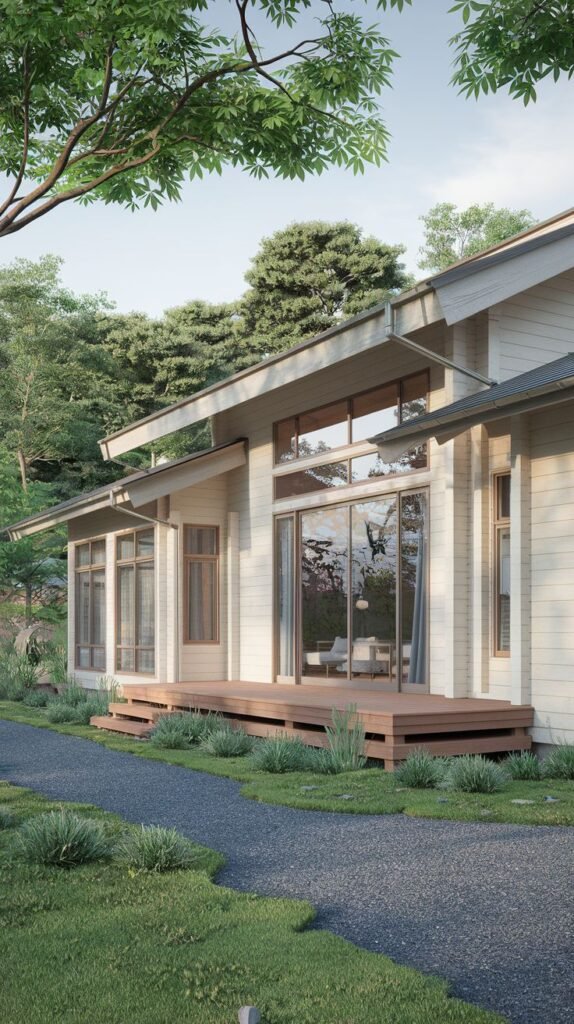 A light-colored house with large windows and an angled roofline, featuring a long wooden deck and a gravel pathway leading through low-maintenance landscaping, conveying luxury and japandi style.