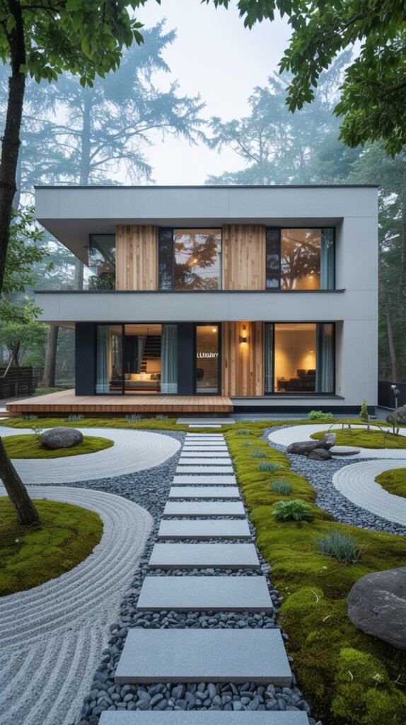 A minimalist modern house nestled in a forest setting, with large windows, a wooden deck, and a detailed rock and moss garden with stepping stones, embodying luxury and japandi tranquility.
