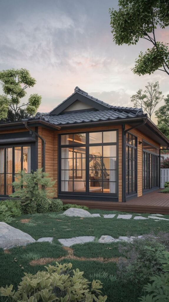 The corner view of a single-story house with a tiled roof, wooden siding, and large windows overlooking a landscaped garden with rocks and stepping stones, presenting luxury and japandi charm.