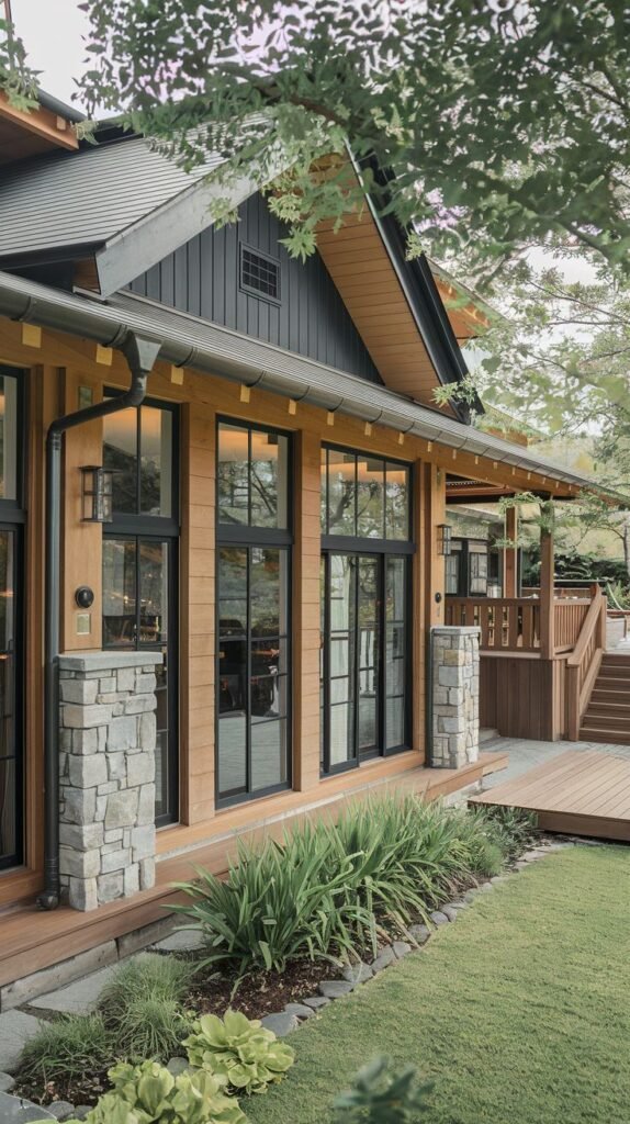 A house featuring wood siding, black framed windows, stone columns, and a wide wooden deck, surrounded by simple landscaping, illustrating luxury and japandi materials.
