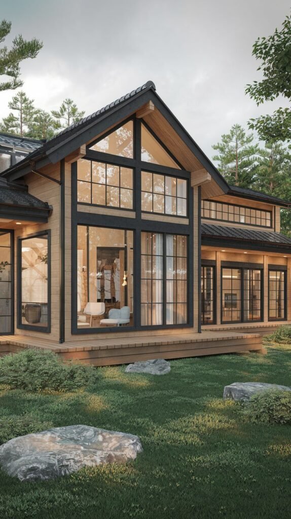 The corner of a large house with a steep roof, extensive glass windows reaching up to the roofline, and wooden siding, set in a naturalistic landscape with rocks and greenery, suggesting luxury and japandi grandeur.