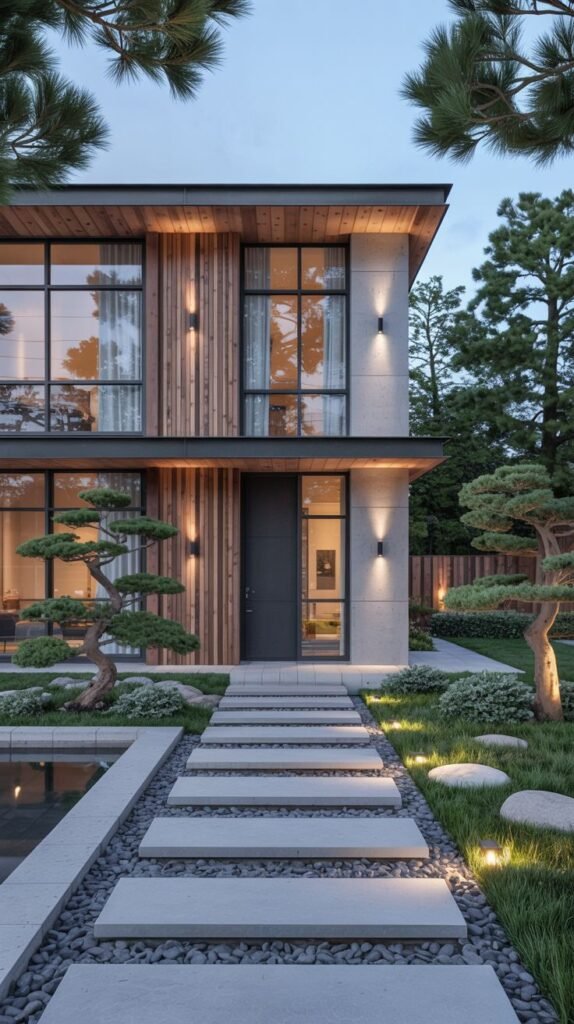 The front entrance of a multi-story house with stone and wood cladding, large windows, exterior lighting, and a clean pathway of stepping stones through a gravel and planted garden, showcasing luxury and japandi precision.