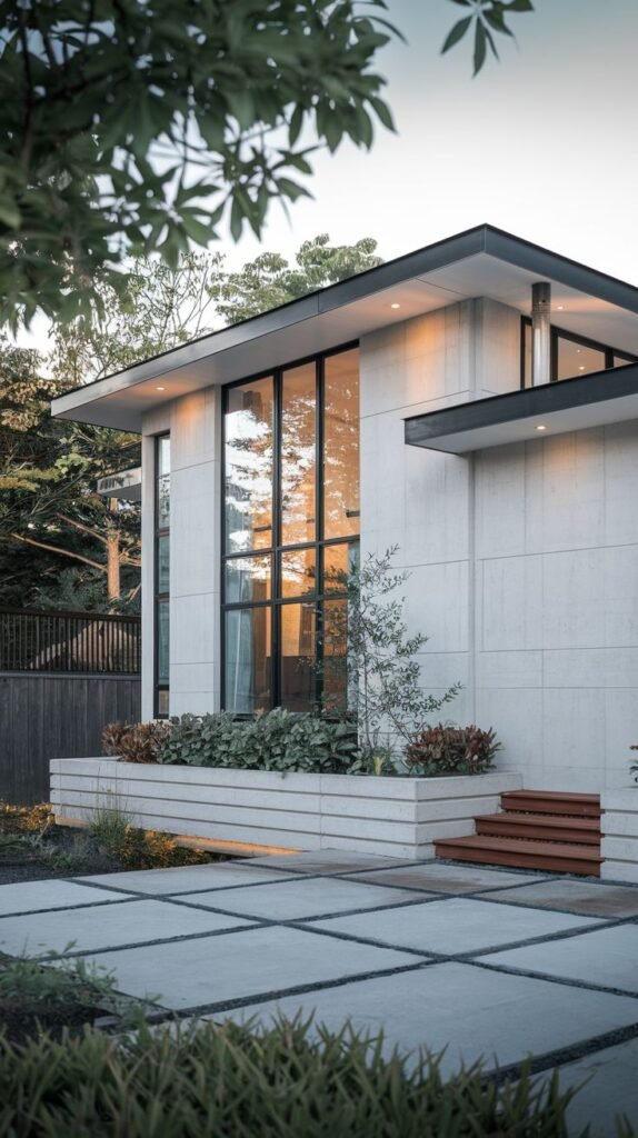 A modern house with white textured walls and large, expansive black-framed windows, featuring a raised planter bed and stepping stones, exuding luxury and japandi minimalist style.