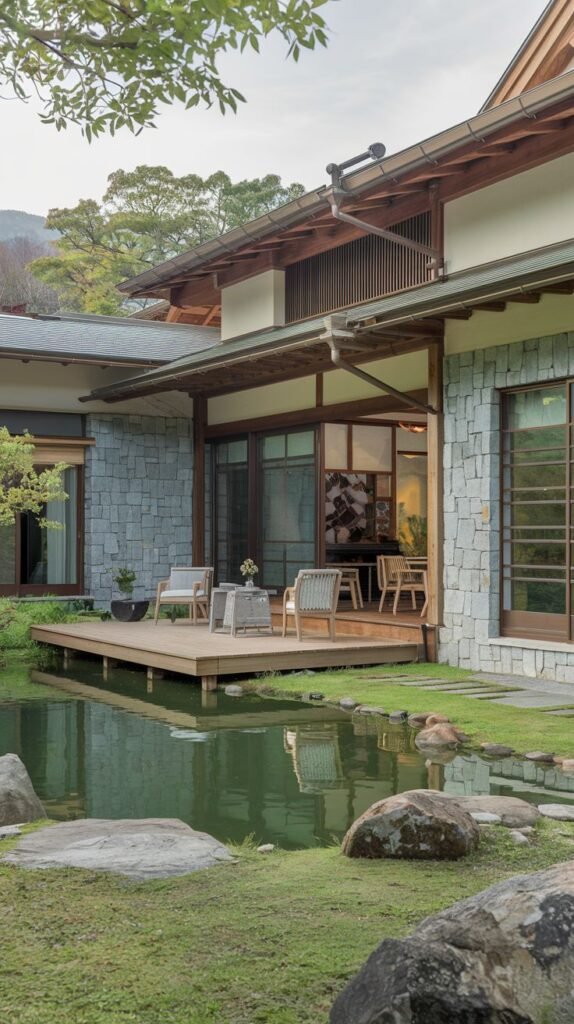 A side view of a house with stone cladding and wooden accents, featuring a sheltered outdoor seating area on a deck overlooking a pond, embodying luxury and japandi harmony with water elements.