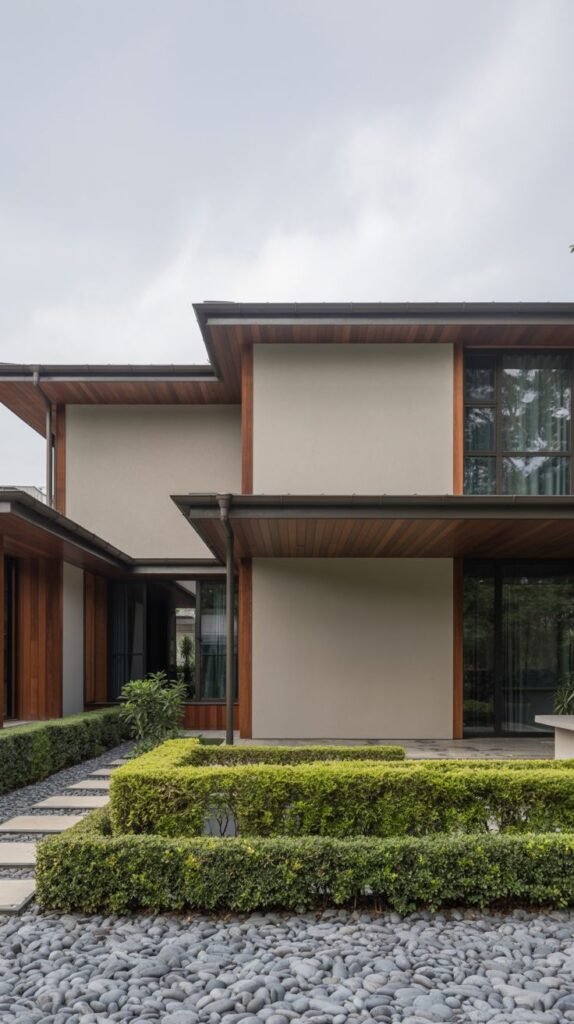The exterior of a modern house with layered rooflines and smooth walls, combined with wood accents and large windows, set within a manicured garden with gravel and hedges, highlighting luxury and japandi form.