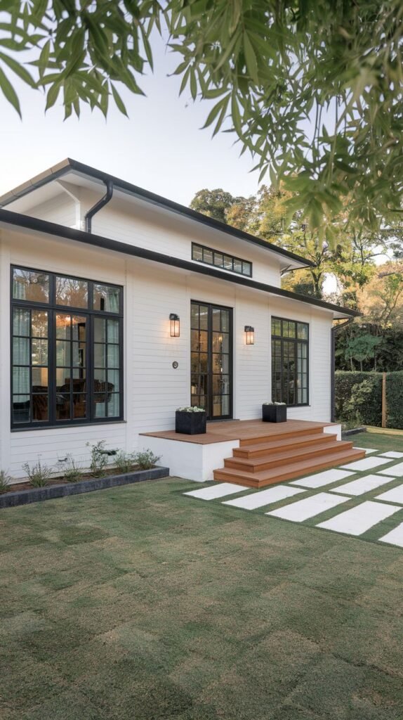 The back of a white house with black-framed glass doors opening onto a wooden deck, featuring a simple lawn and large square stepping stones, representing luxury and japandi functionality.