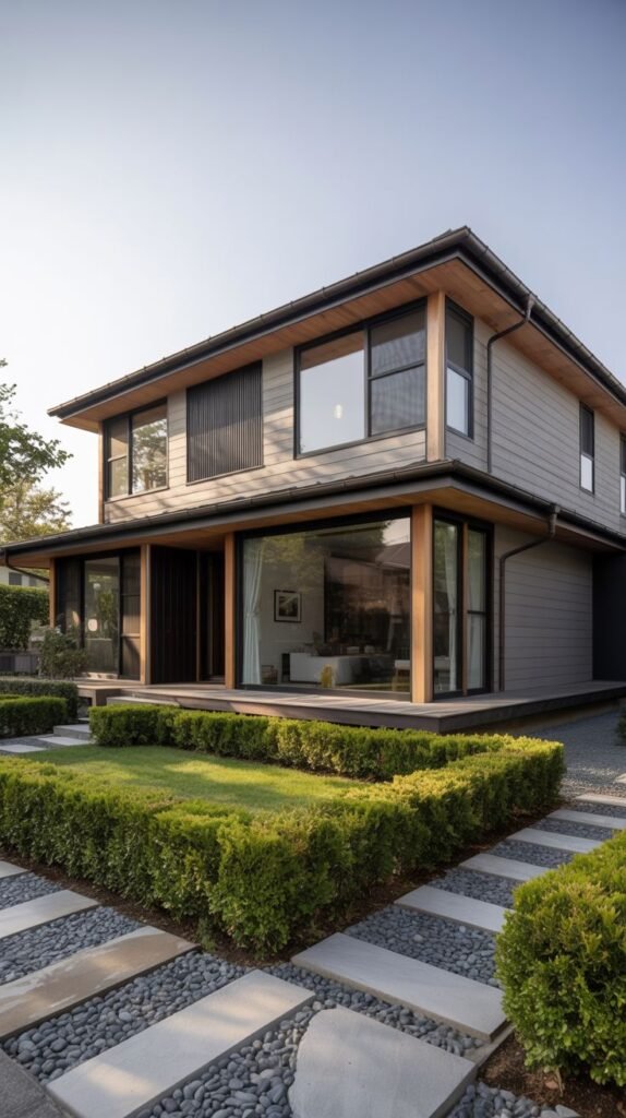 A contemporary house with clean lines, large glass doors opening onto a wooden deck, and a manicured garden with low hedges and stepping stones, reflecting a blend of luxury and japandi aesthetics.